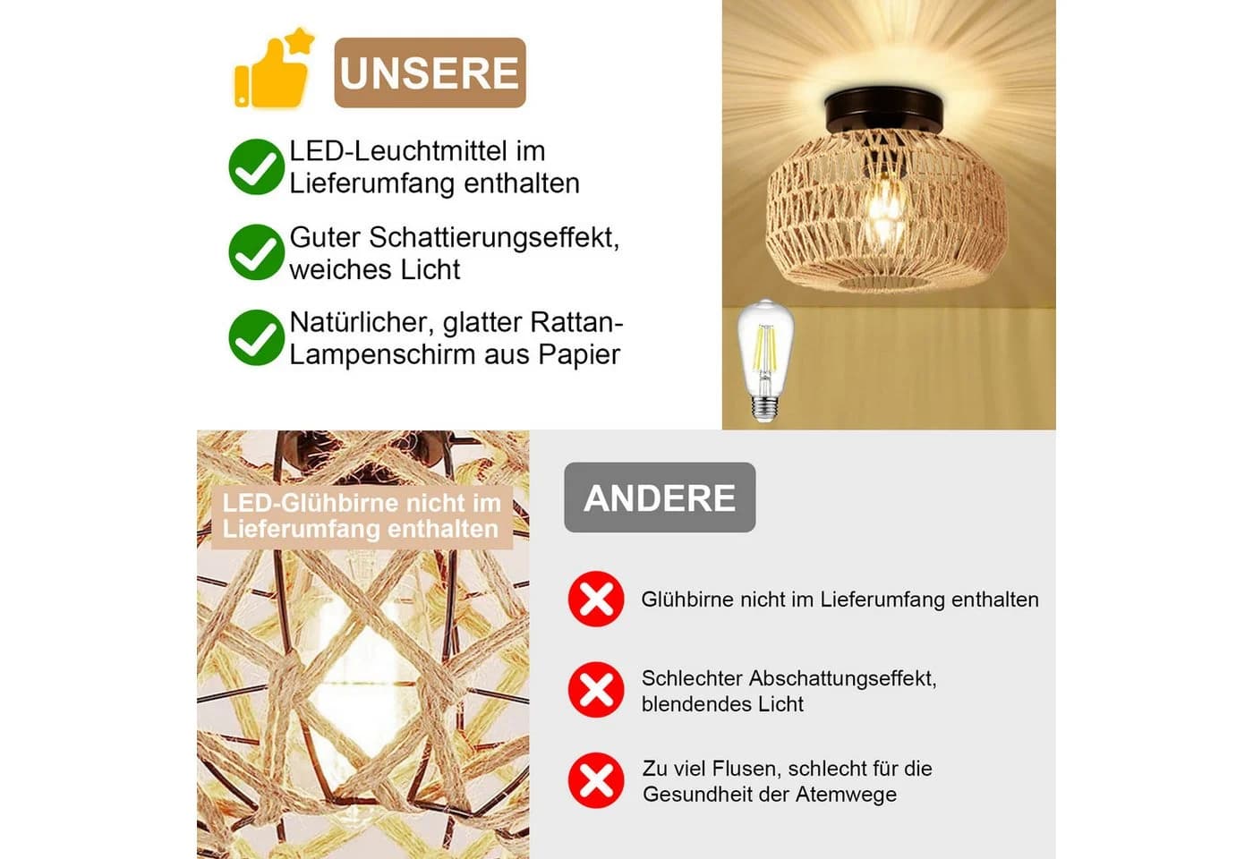 MUPOO Deckenleuchte Rattan Hängeleuchte Boho Deckenlampe LED - Bild 5