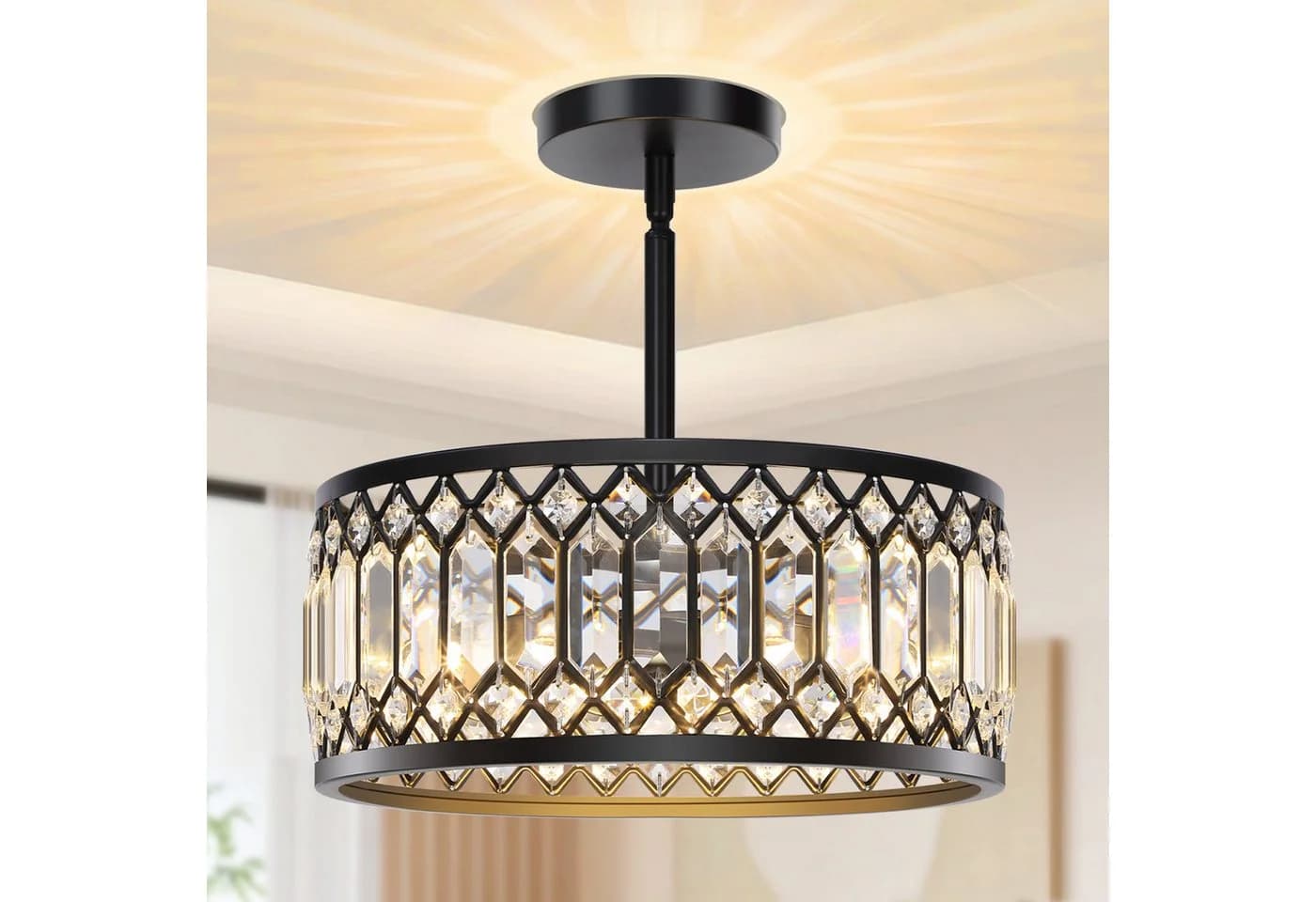 Jibenhome LED Deckenleuchte Schwarzer Kristalllampe, Moderne Kronleuchter Kristall Leuchte, LED wechselbar, Moderne Halb Einbauleuchte, Kristall Dekolampe für Küche, Schlafzimmer - Bild 2