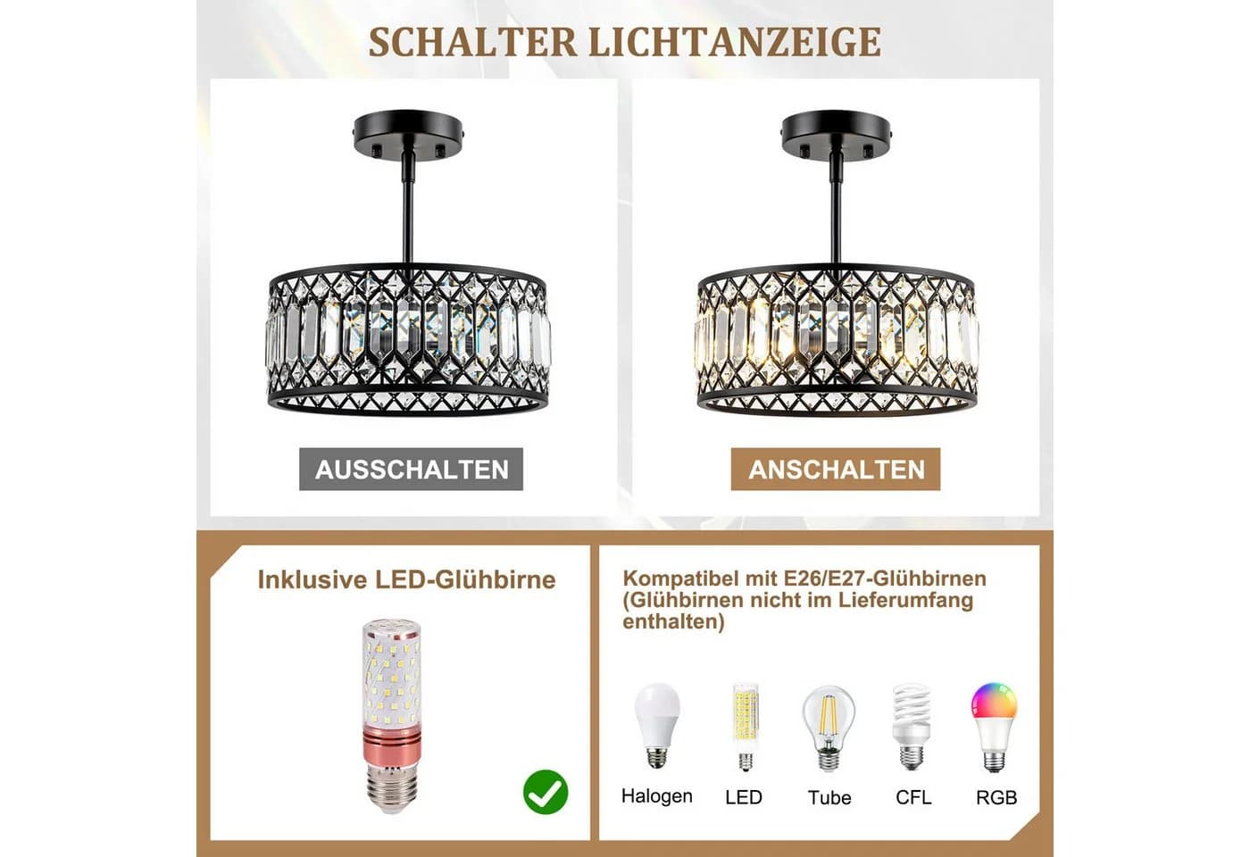 Jibenhome LED Deckenleuchte Schwarzer Kristalllampe, Moderne Kronleuchter Kristall Leuchte, LED wechselbar, Moderne Halb Einbauleuchte, Kristall Dekolampe für Küche, Schlafzimmer - Bild 3