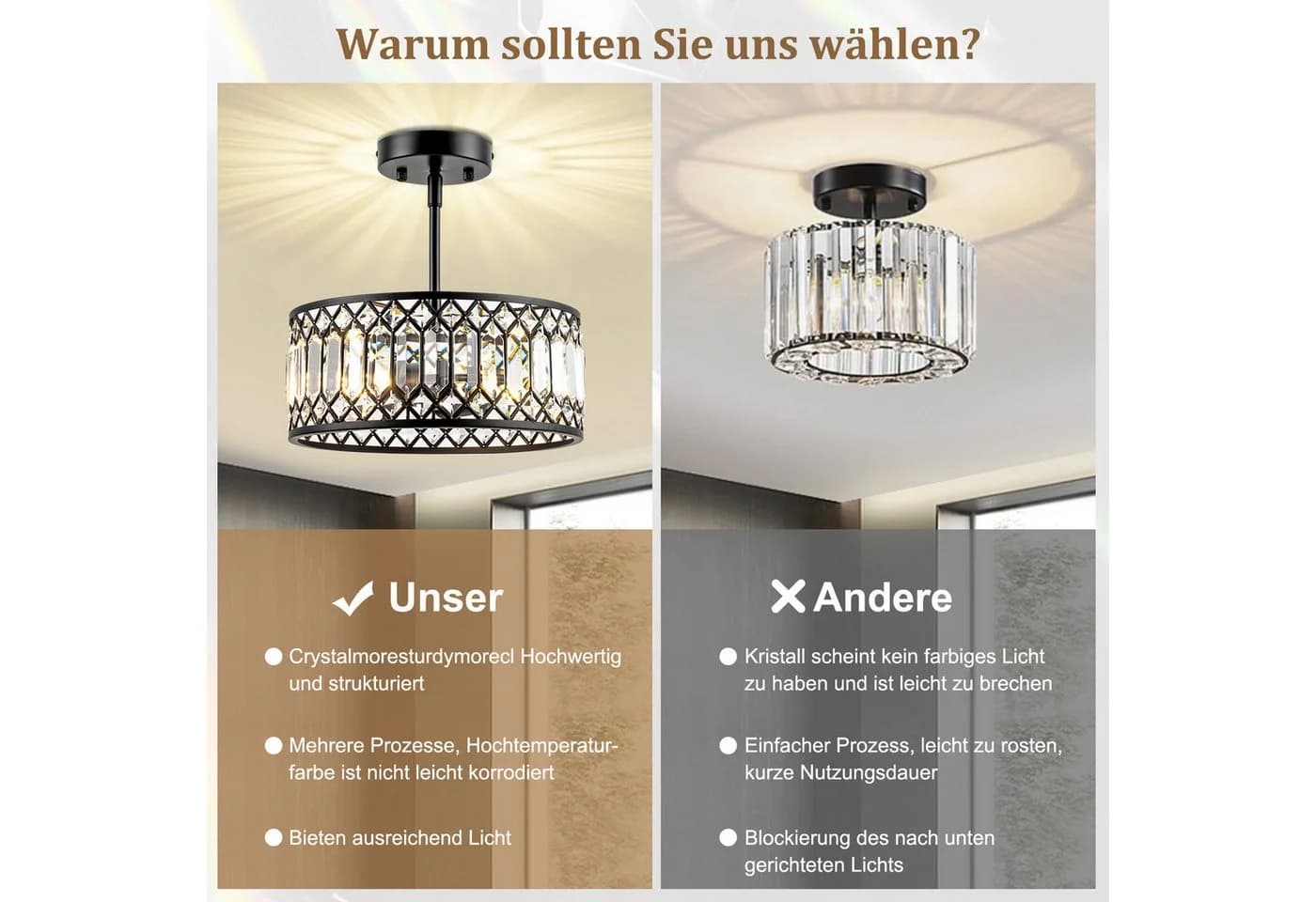 Jibenhome LED Deckenleuchte Schwarzer Kristalllampe, Moderne Kronleuchter Kristall Leuchte, LED wechselbar, Moderne Halb Einbauleuchte, Kristall Dekolampe für Küche, Schlafzimmer - Bild 4