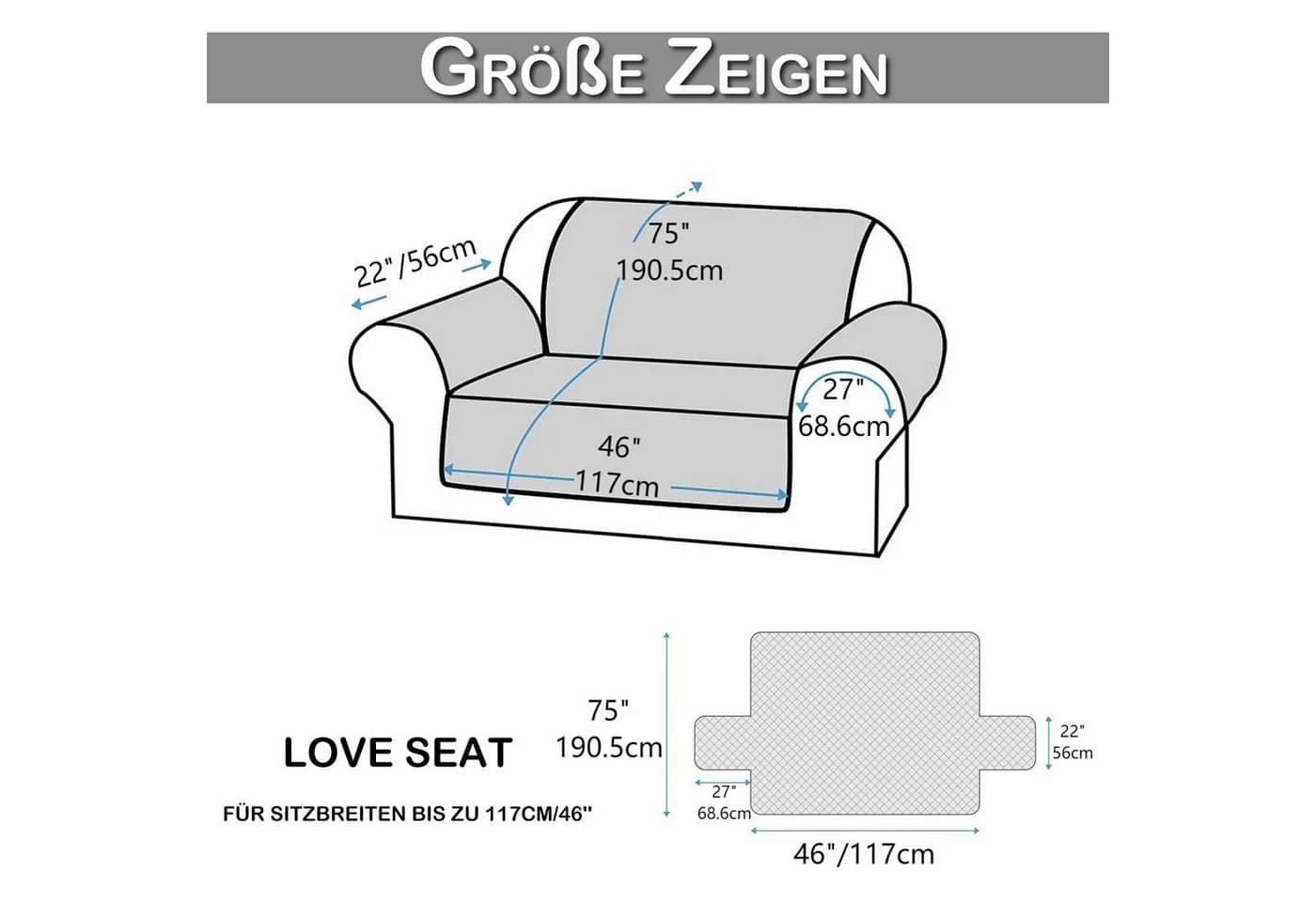 BTTO Sofabezug Gesteppt Anti-Rutsch mit Seitentasche Blau