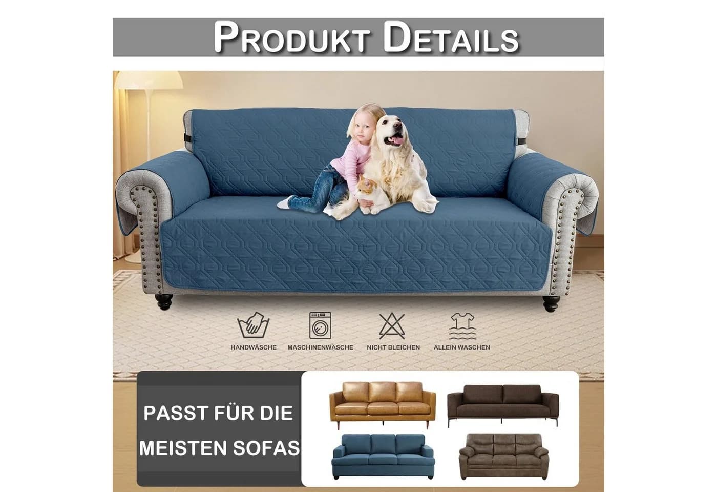 BTTO Sofabezug Gesteppt Anti-Rutsch mit Seitentasche Blau - Bild 5