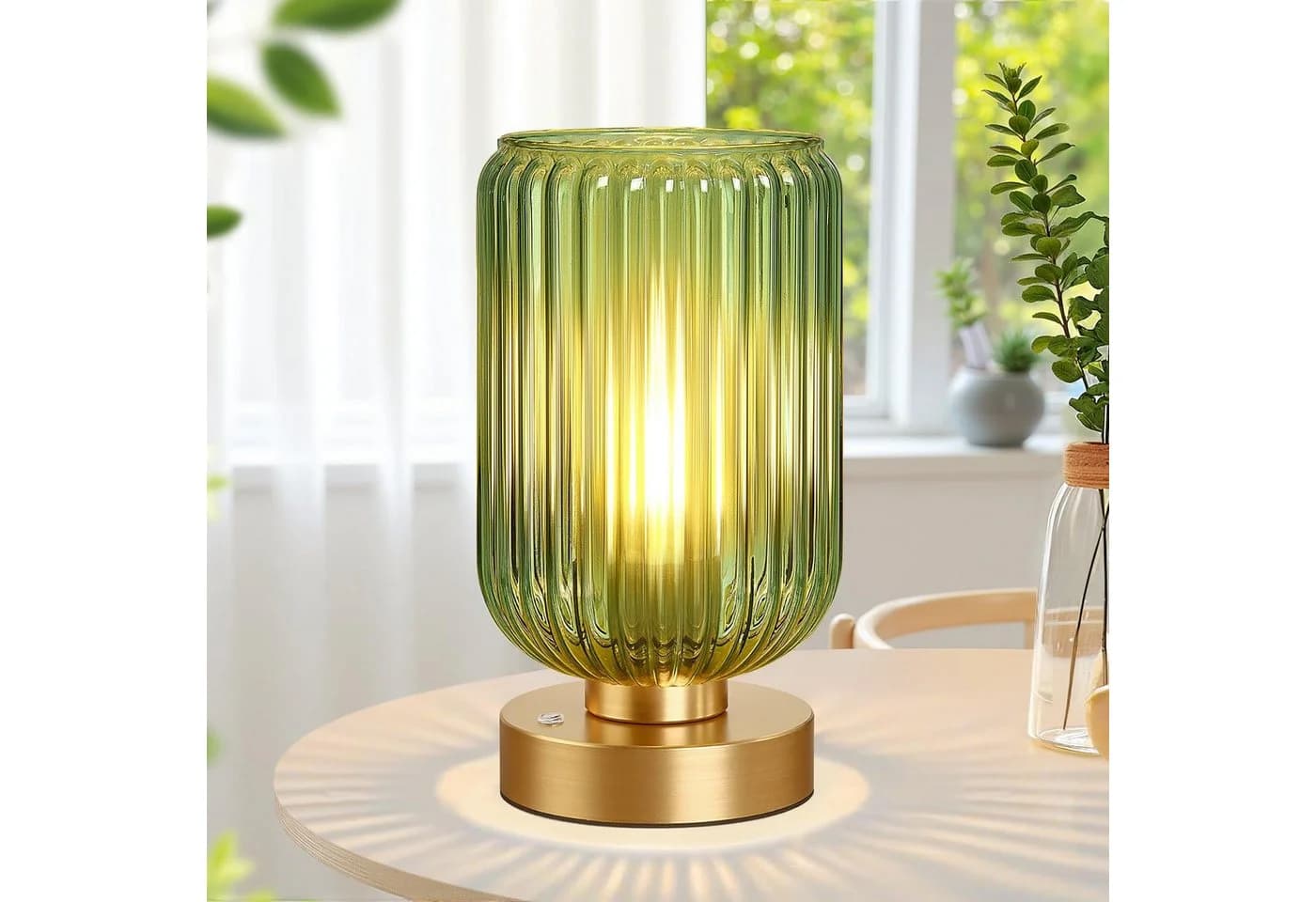 MUPOO LED Schreibtischlampe Grüne Glas Tischlampe, LED Modern Touch Tischleuchte für Schlafzimmer, LED wechselbar, Kabellos,Goldfarbene Basis Grüner Glasschirm,LED-Glühbirne inklusive - Bild 2