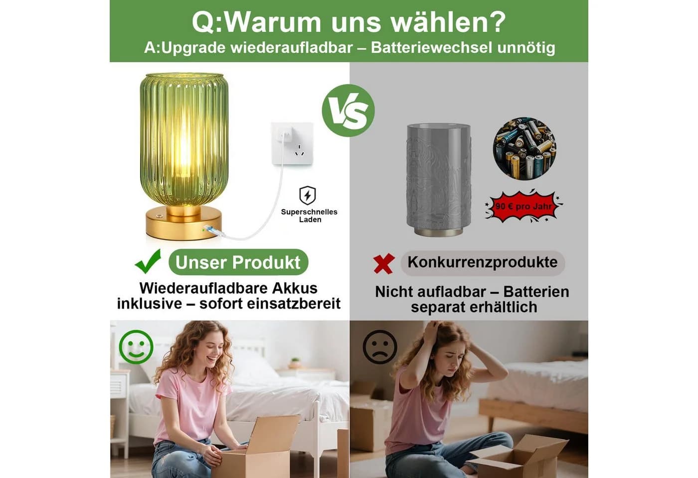 MUPOO LED Schreibtischlampe Grüne Glas Tischlampe, LED Modern Touch Tischleuchte für Schlafzimmer, LED wechselbar, Kabellos,Goldfarbene Basis Grüner Glasschirm,LED-Glühbirne inklusive - Bild 4