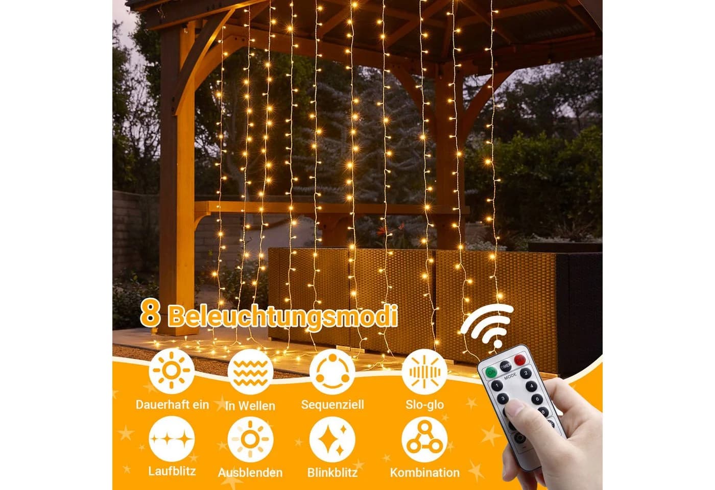 MUPOO LED-Lichtervorhang USB/Timer 3x2M/3x3M 8 Modi LED Vorhang Lichterketten mit Fernbedienung - Bild 3