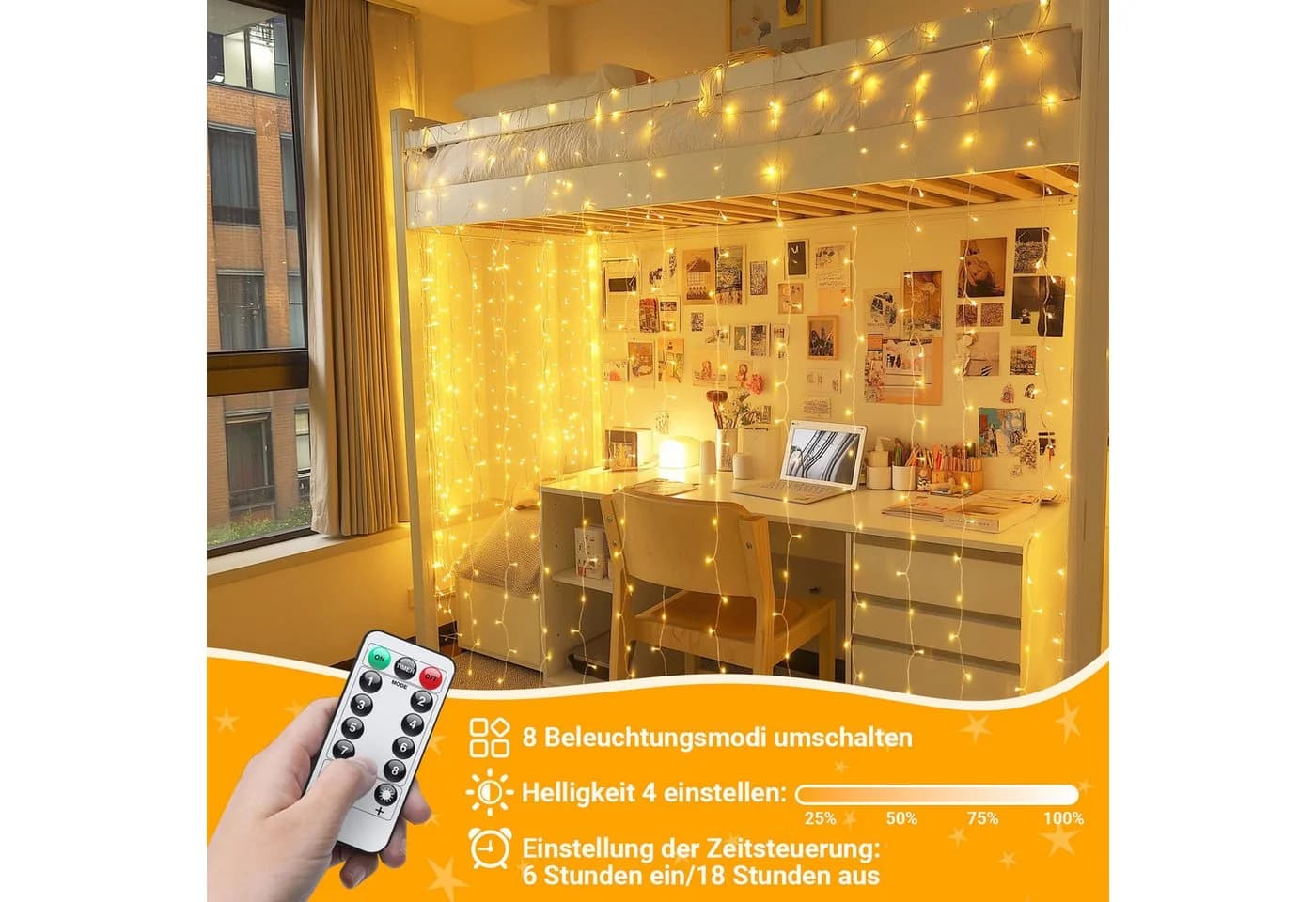 MUPOO LED-Lichtervorhang USB/Timer 3x2M/3x3M 8 Modi LED Vorhang Lichterketten mit Fernbedienung - Bild 4