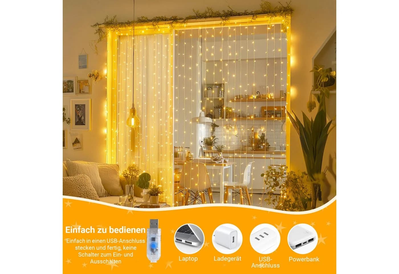 MUPOO LED-Lichtervorhang USB/Timer 3x2M/3x3M 8 Modi LED Vorhang Lichterketten mit Fernbedienung - Bild 5