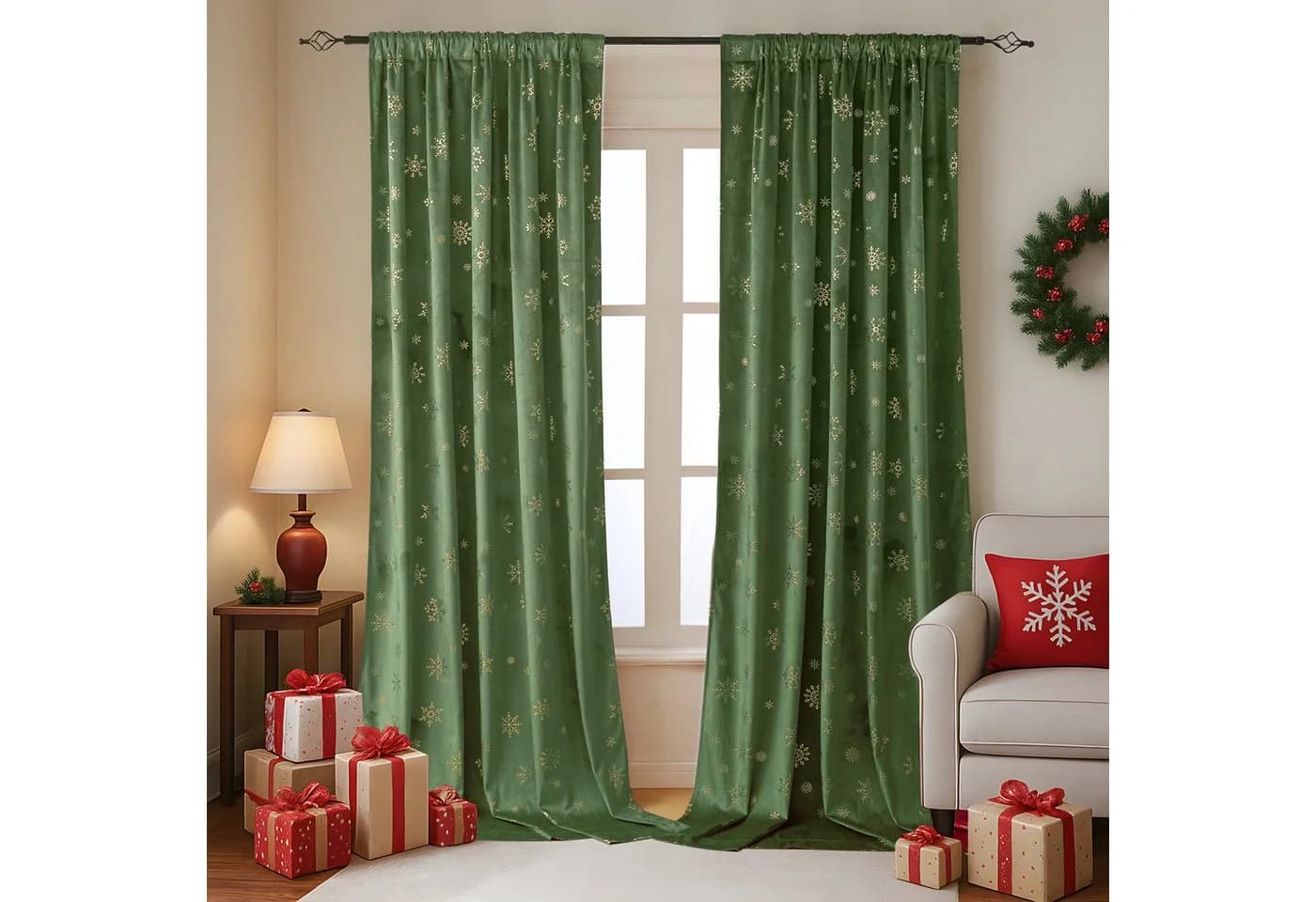 BTTO V&G Vorhang Verdunkelungsvorhang, Samt Velvet Gardinen Weihnachten Schneeflocke (2 St), blickdicht, Thermogardine mit Schneeflocken Goldfolien - Bild 2