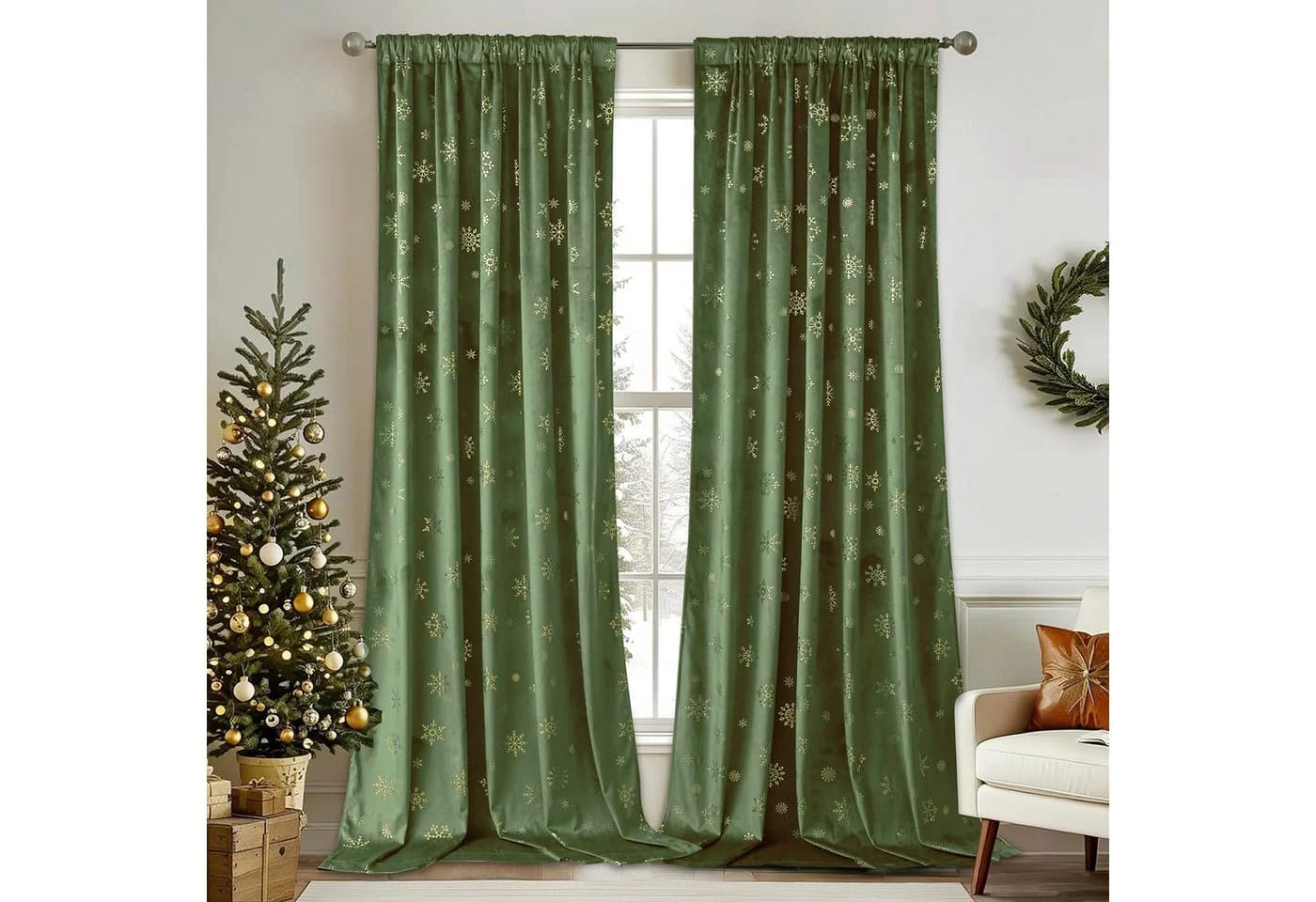 BTTO V&G Vorhang Verdunkelungsvorhang, Samt Velvet Gardinen Weihnachten Schneeflocke (2 St), blickdicht, Thermogardine mit Schneeflocken Goldfolien - Bild 3