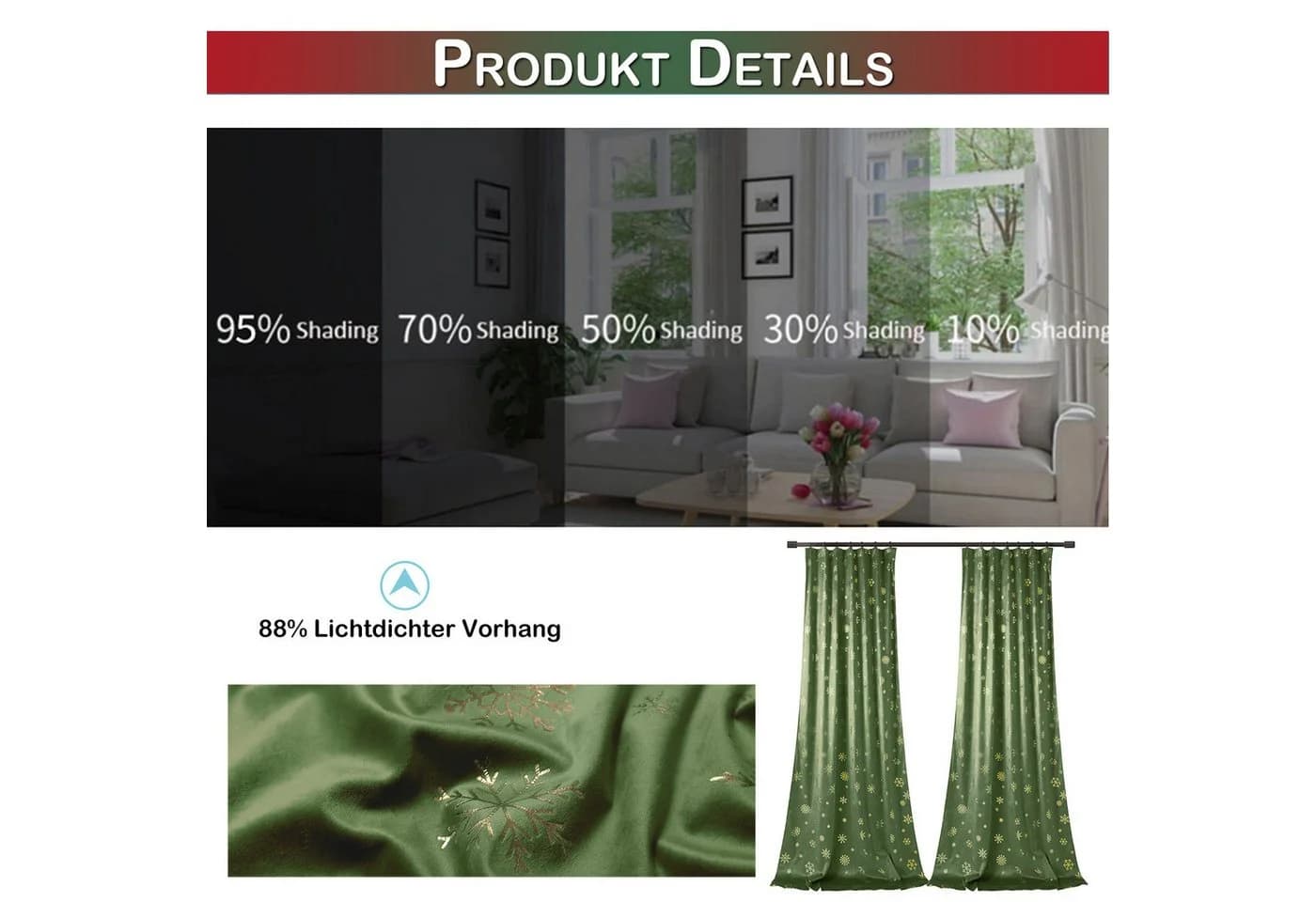 BTTO V&G Vorhang Verdunkelungsvorhang, Samt Velvet Gardinen Weihnachten Schneeflocke (2 St), blickdicht, Thermogardine mit Schneeflocken Goldfolien - Bild 5