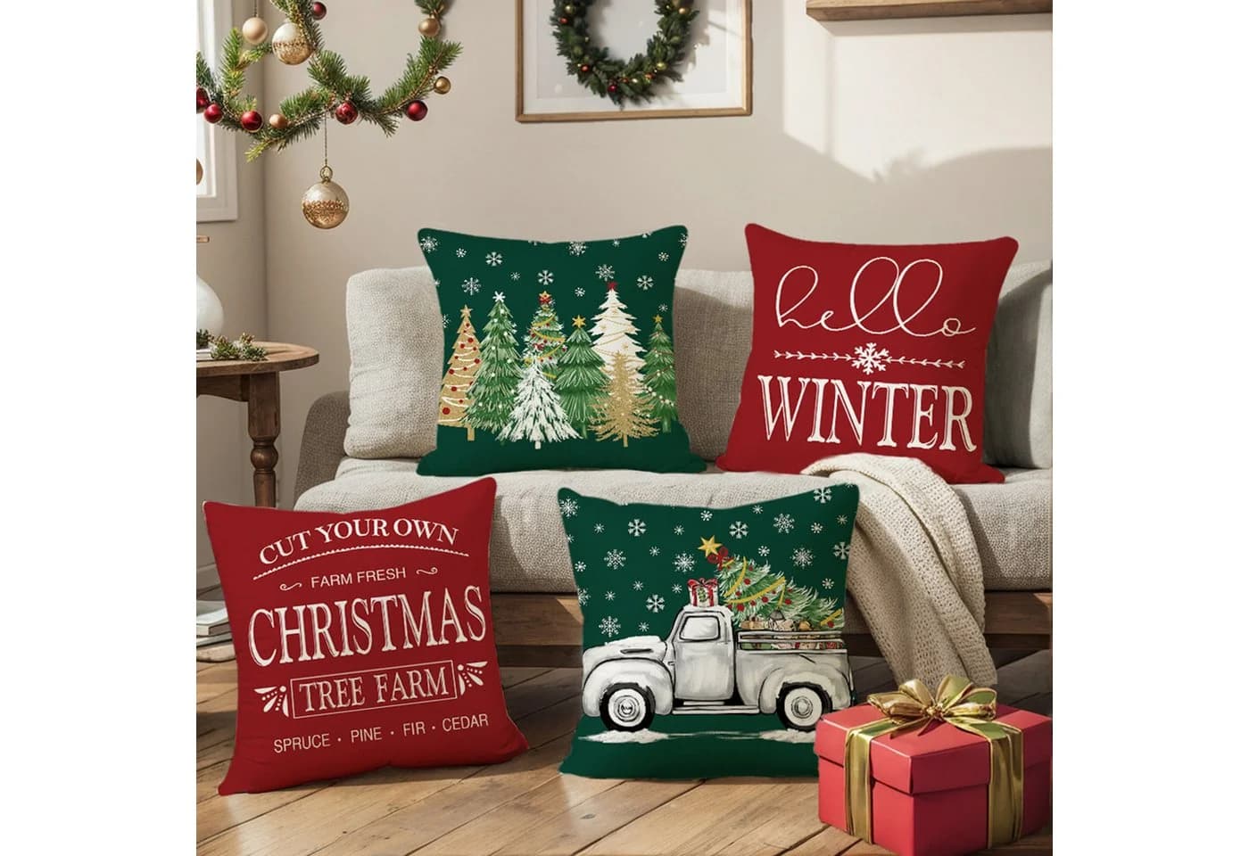 Jibenhome Kissenbezüge Weihnachten 45x45cm Leinen 4 Stück - Bild 2