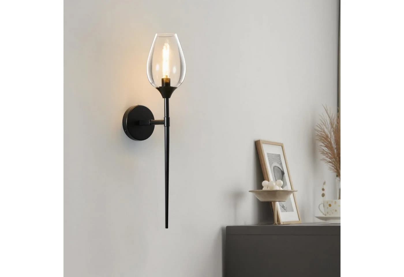 MUPOO Wandleuchte Schwarze Wandlampe aus Glas mit Lampenschirm in Weinglasform, LED wechselbar, mit E14-Glühbirne, für Schlafzimmer und Wohnzimmer - Bild 3