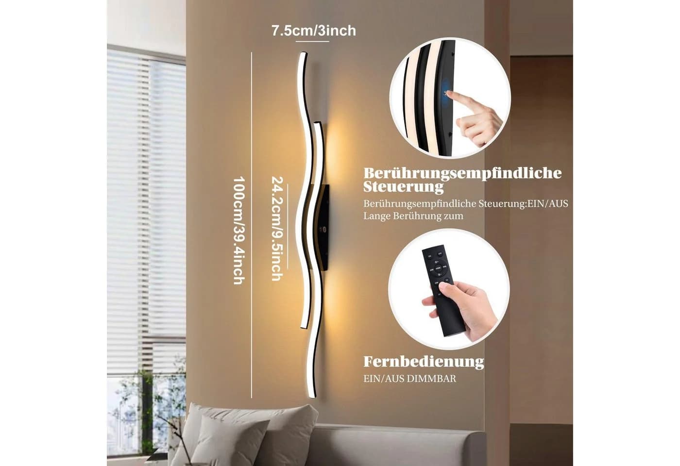 Jibenhome LED Wandleuchte Innen Wandlampe Wave Line, Minimalistische, LED fest integriert, mit Fernbedienung & Touch-Steuerung, 3000K-6000K, Timer