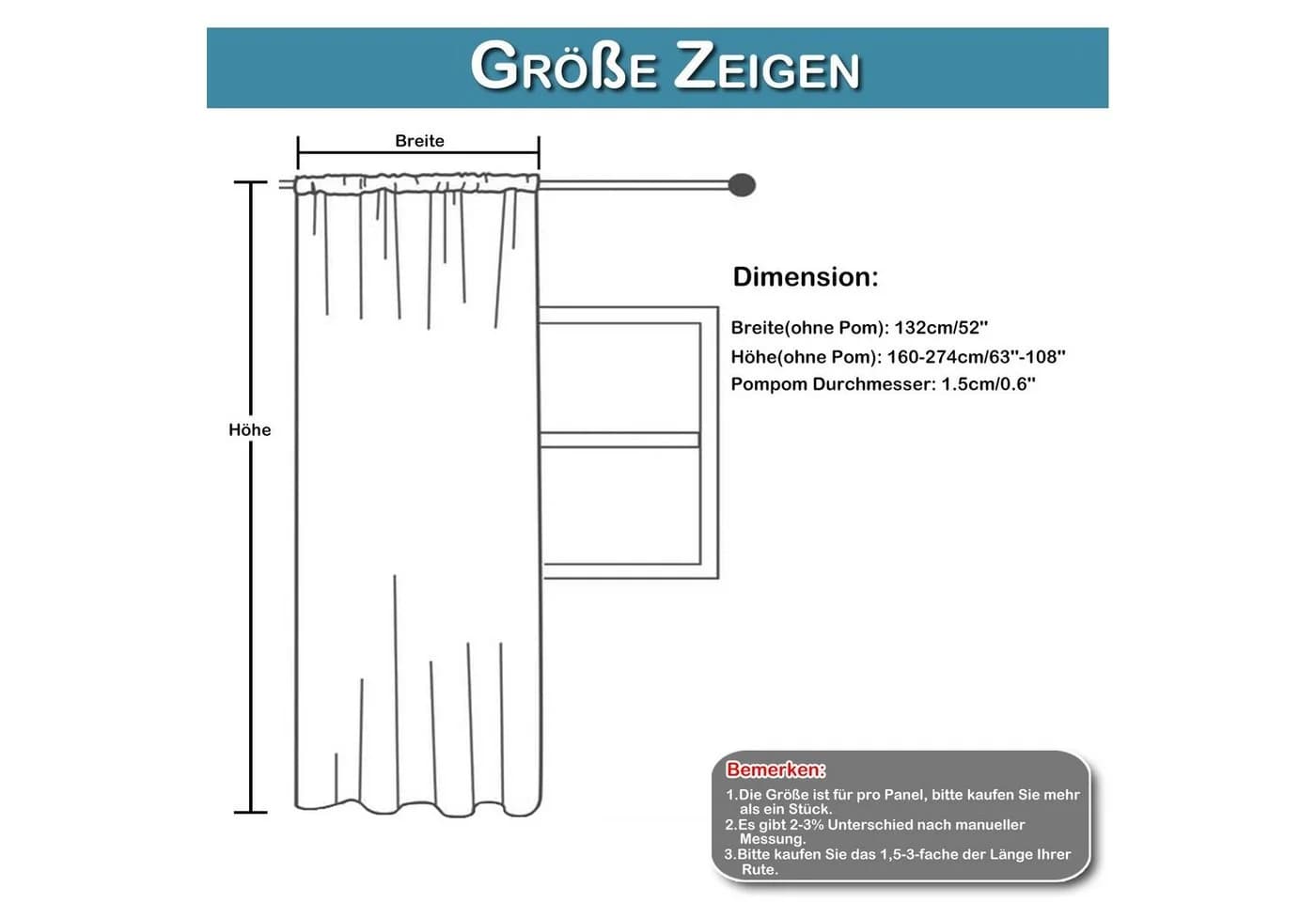 BTTO V&G Gardine Vorhänge mit Pompom-Quasten Weiß Stabtaschenvorhang - Bild 1