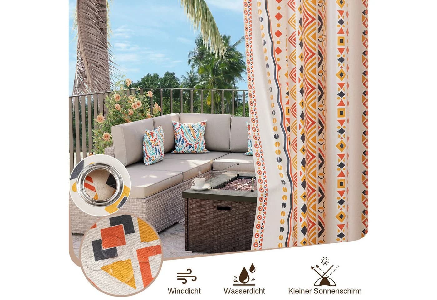 BTTO V&G Outdoorvorhang 2er-Set Wasserdicht Boho Gardinen Ösen - Bild 2