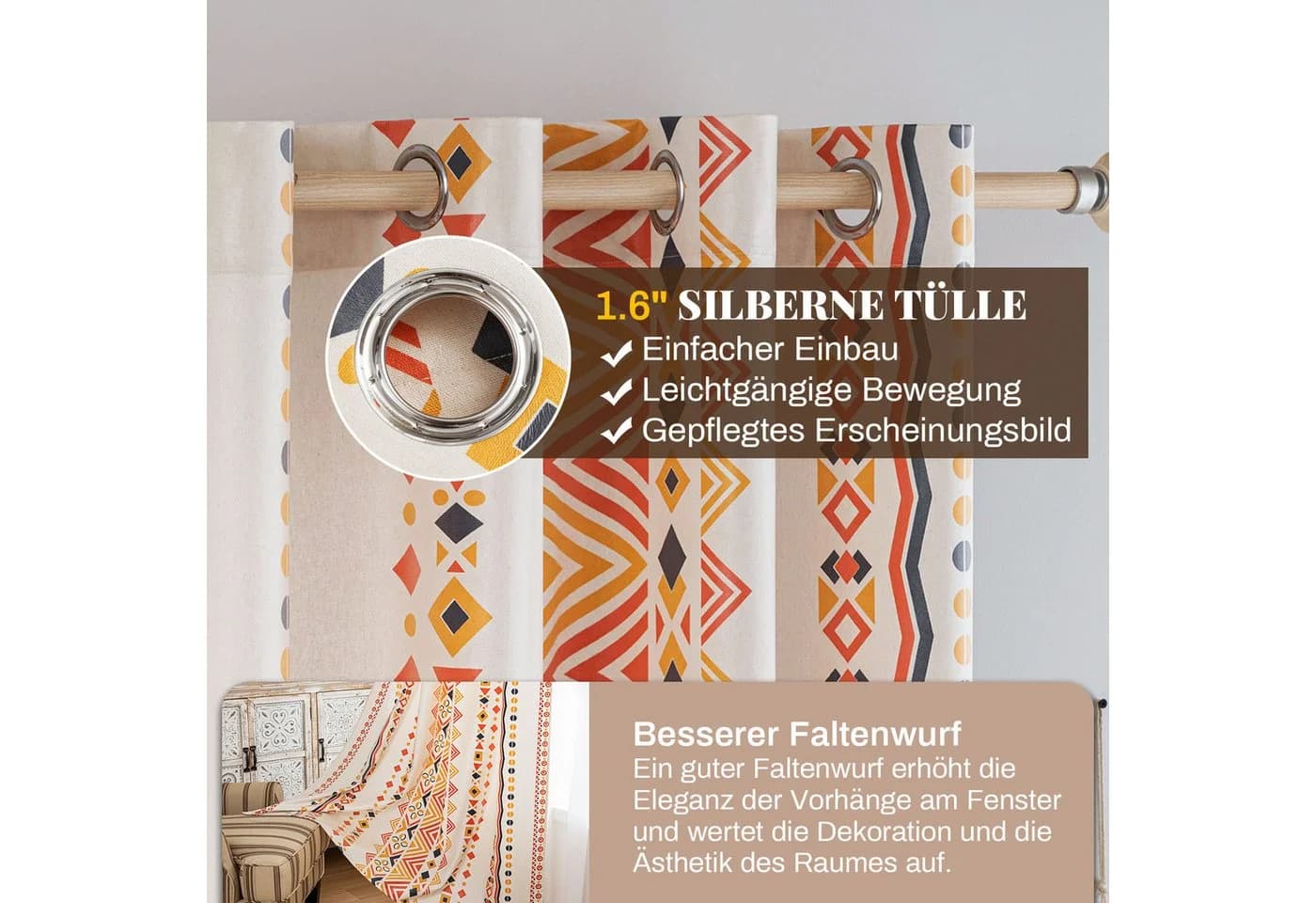 BTTO V&G Outdoorvorhang 2er-Set Wasserdicht Boho Gardinen Ösen - Bild 3