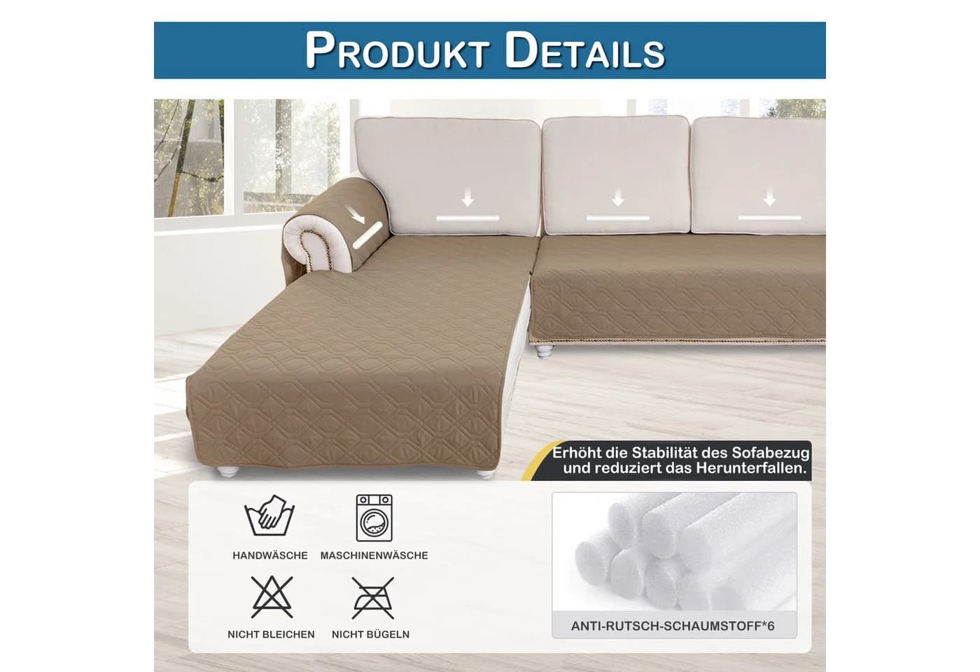 BTTO L-förmiger Sofahusse 2er Set Wasserdicht Beige Gesteppt - Bild 3