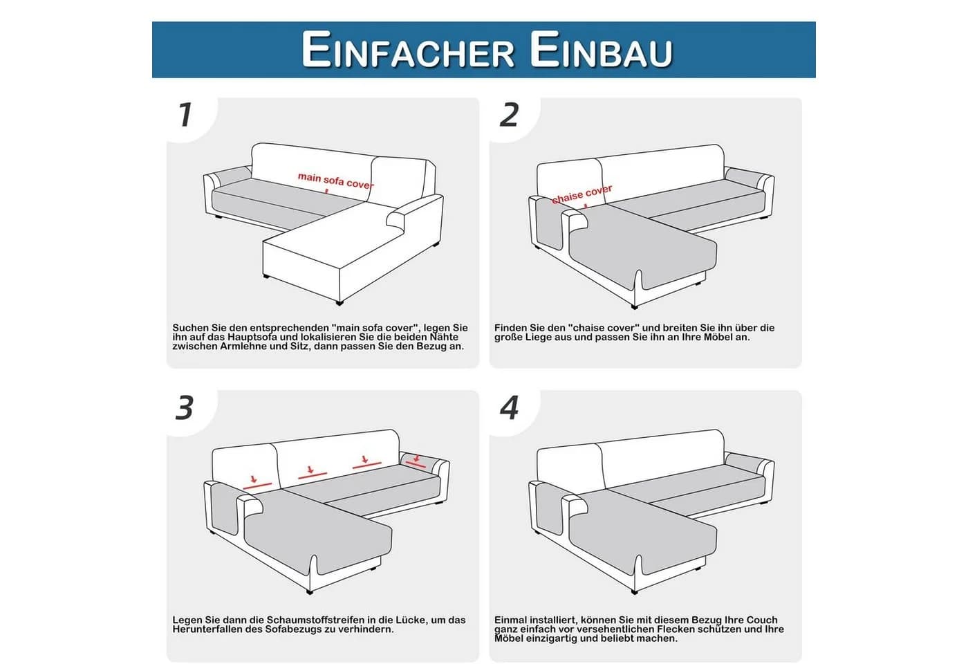 BTTO L-förmiger Sofahusse 2er Set Wasserdicht Beige Gesteppt - Bild 5