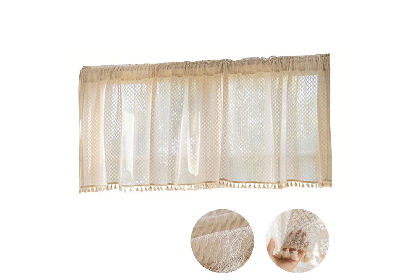 BTTO V&G Scheibengardine Kurze Vorhänge Boho Vintage Quasten Creme Stangentasche