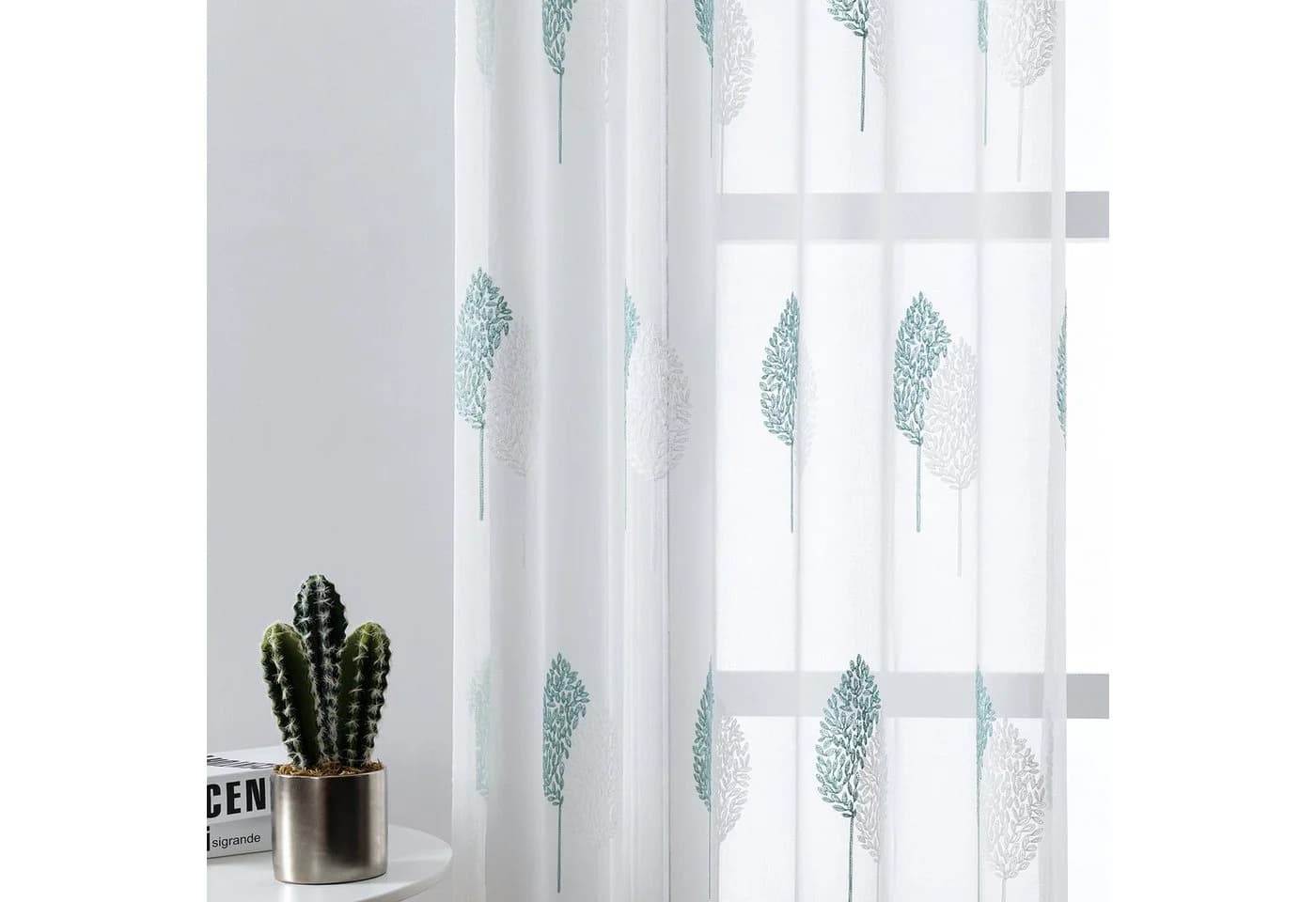 Jibenhome Schiebegardine 2er Set Voile Vorhänge mit Ösen und Baumstickerei