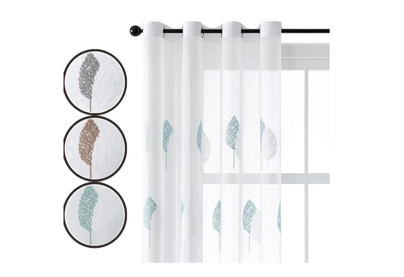 Jibenhome Schiebegardine 2er Set Voile Vorhänge mit Ösen und Baumstickerei - Bild 2