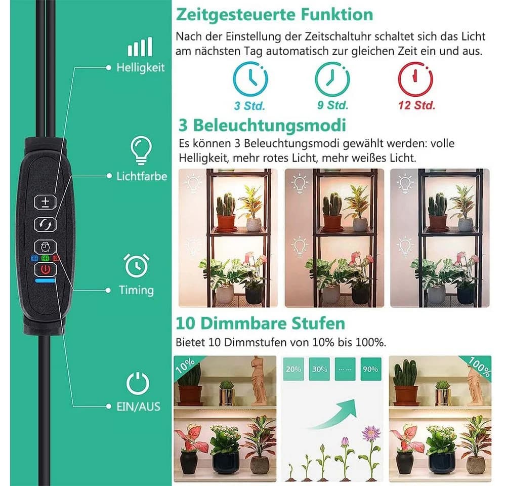 Jibenhome LED Pflanzenlampe 4er-Pack Dimmbar Timer Vollspektrum
