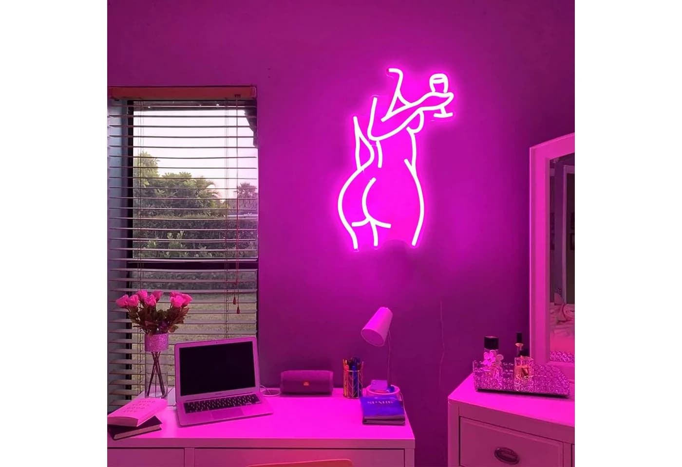 MUPOO LED Neonlicht Rosa Dame mit Wein Wanddekoration