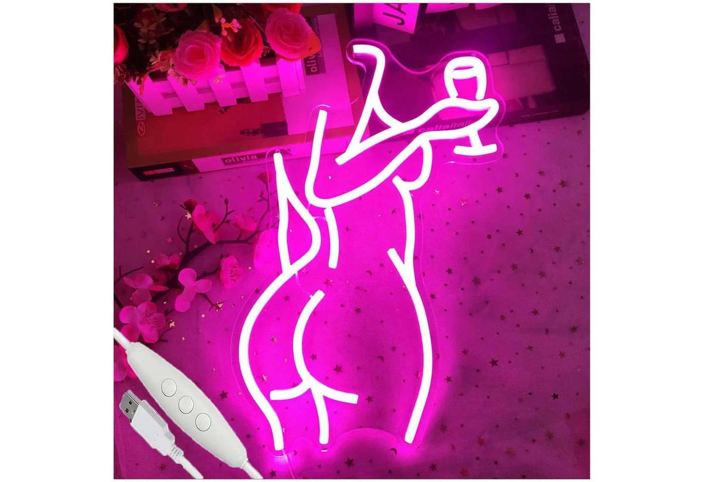 MUPOO LED Neonlicht Rosa Dame mit Wein Wanddekoration - Bild 2