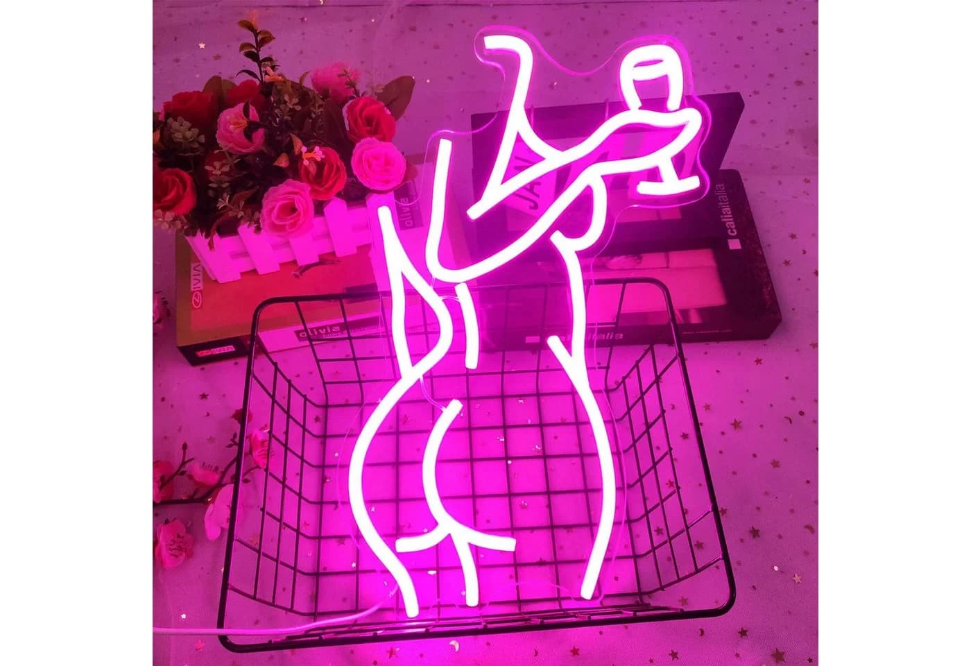 MUPOO LED Neonlicht Rosa Dame mit Wein Wanddekoration - Bild 4