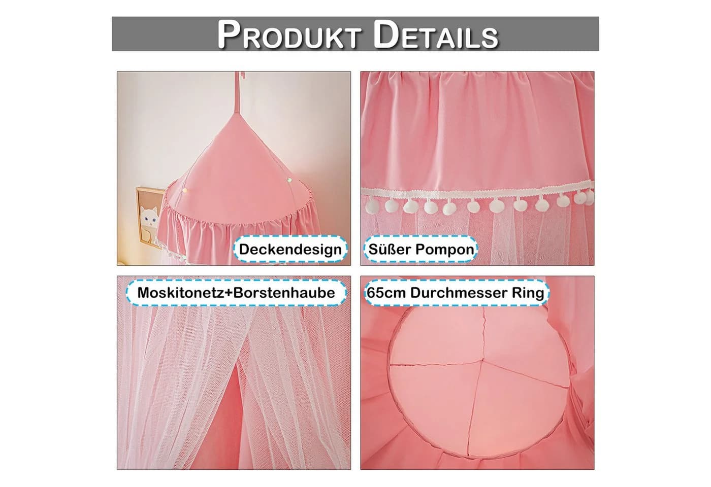 BTTO Betthimmel Moskitonetz Polyester Rosa Ohne Bohren - Bild 3