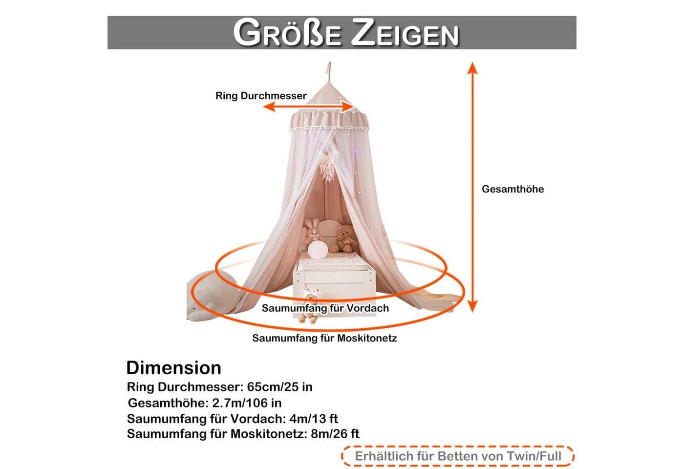 BTTO Betthimmel Moskitonetz Polyester Grau 270cm