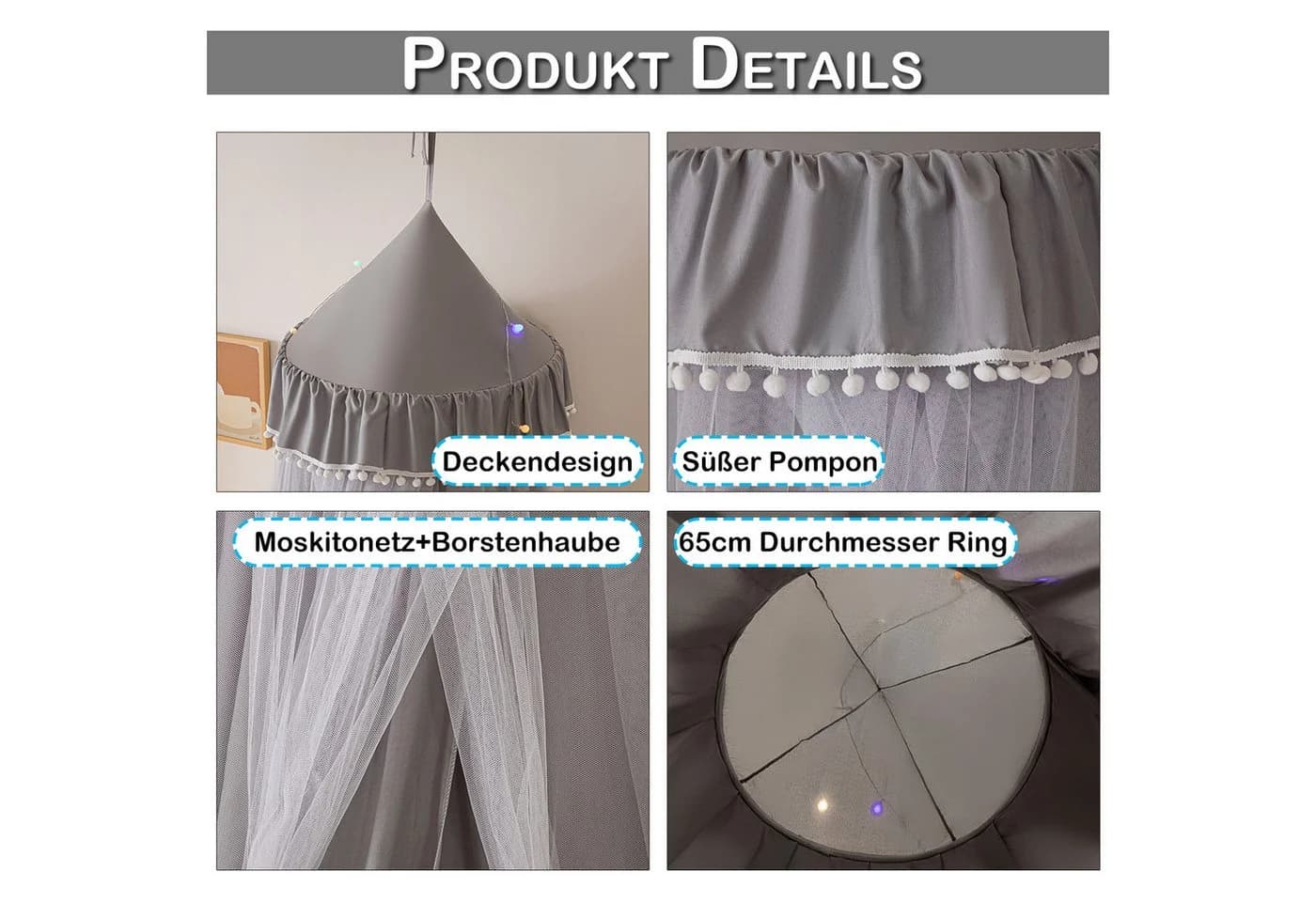 BTTO Betthimmel Moskitonetz Polyester Grau 270cm - Bild 3
