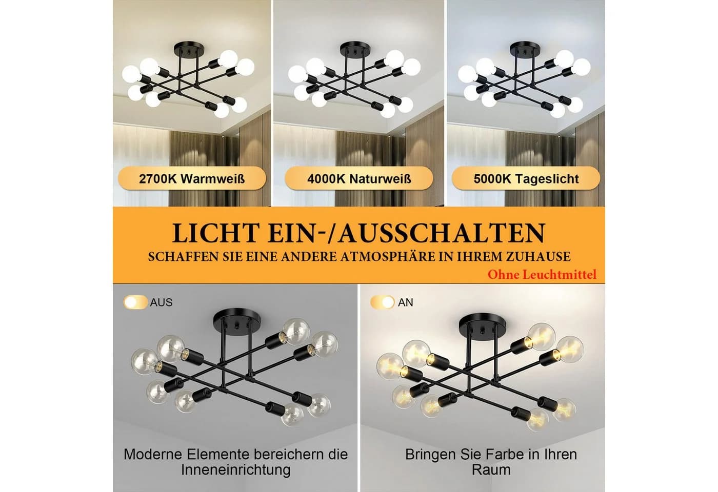 Jibenhome LED Deckenleuchte Schwarz Kronleuchter-Hängend Deckenlampe 6 Flammig LED fest integriert Retro