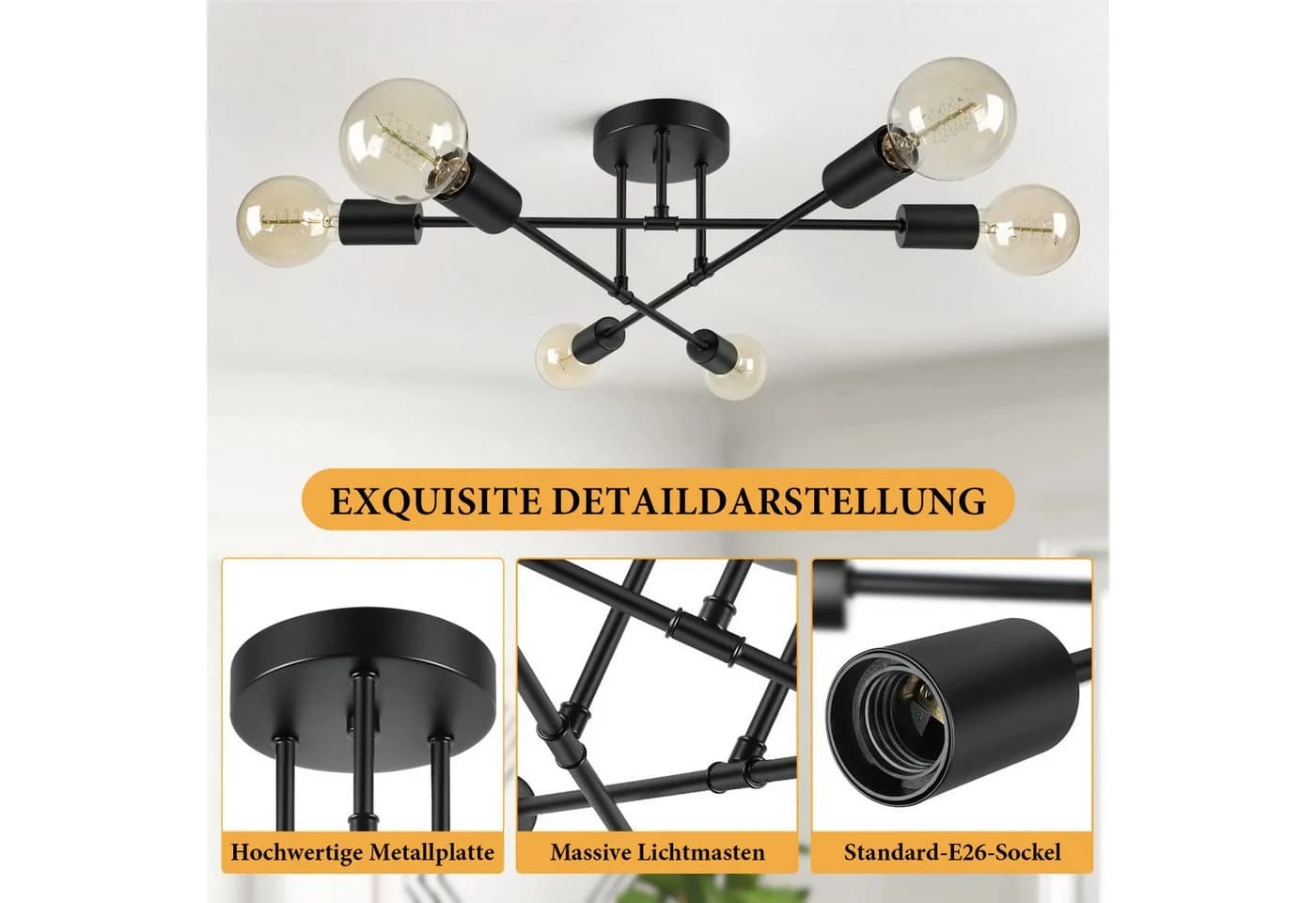 Jibenhome LED Deckenleuchte Schwarz Kronleuchter-Hängend Deckenlampe 6 Flammig LED fest integriert Retro - Bild 4