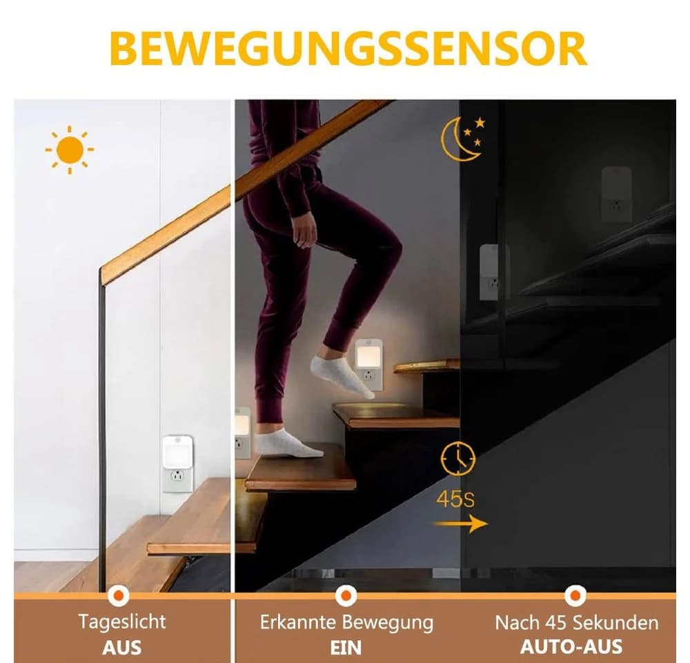 Jibenhome LED Steckdosenleuchte Nachtlicht 3 Modi Bewegungsmelder Plug-in Warmweiß - Bild 3