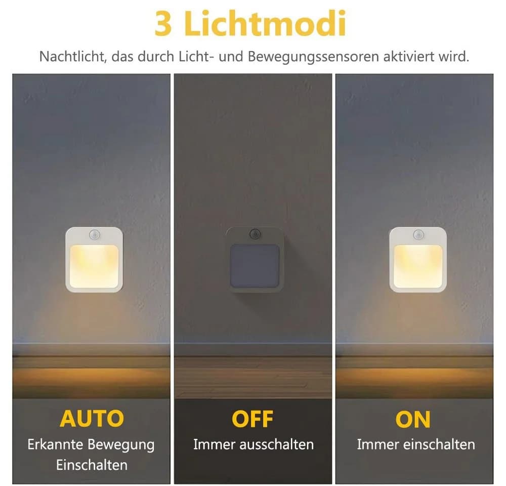 Jibenhome LED Steckdosenleuchte Nachtlicht 3 Modi Bewegungsmelder Plug-in Warmweiß - Bild 4