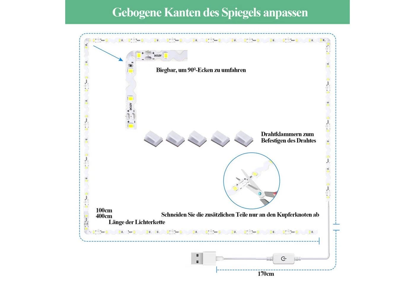 Jibenhome LED-Spiegelleuchte Weiß Dimmbar USB Flexibel - Bild 5