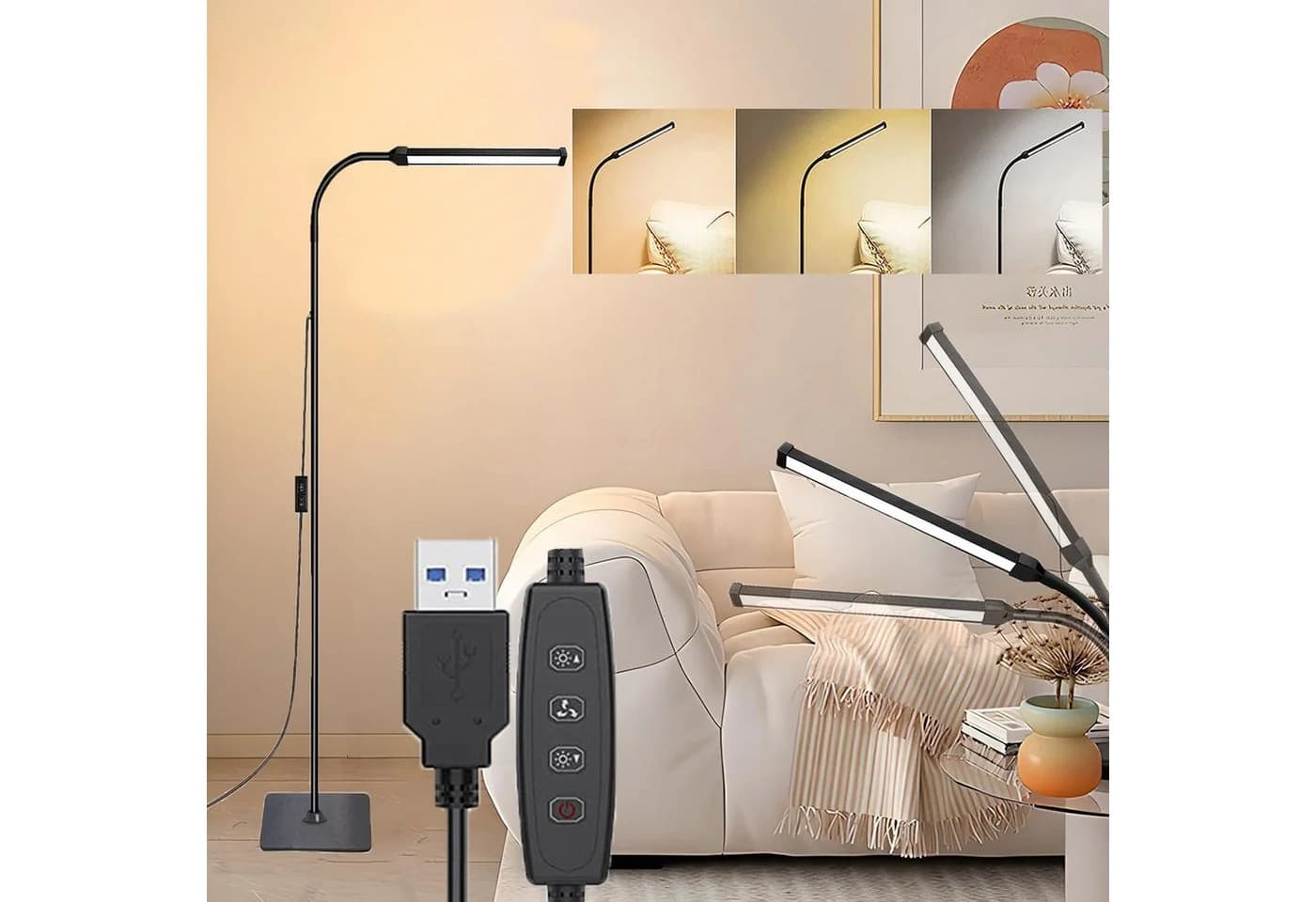 Jibenhome LED Stehlampe Schwarz Höhenverstellbar USB Dimmbar - Bild 2