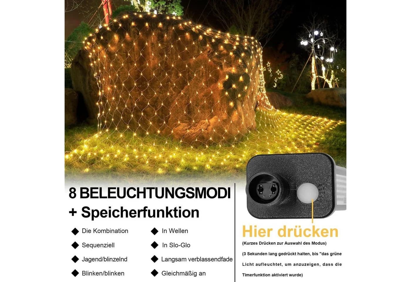 MUPOO LED-Lichternetz Warmweiß 6W Energiesparen 8 Modi Lichterkette 6x4m - Bild 3