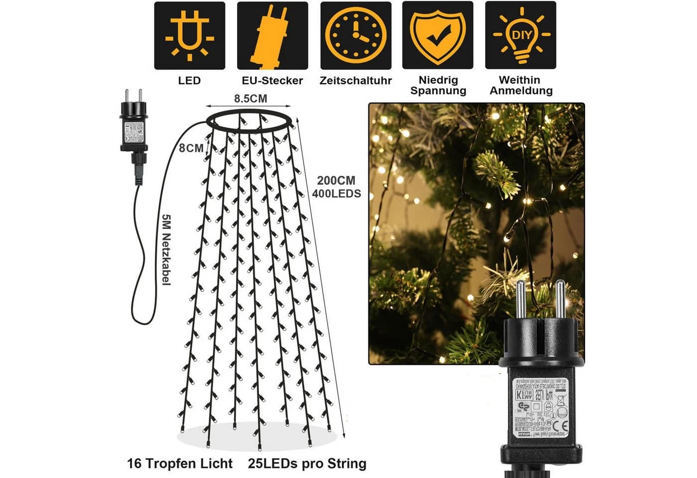 MUPOO LED-Baummantel 2025 Neu LED Baummantel Weihnachtsbeleuchtung Lichterkette Mit Ring, 8 Modi, Timer und Speicherfunktion, 31V Energiesparen Lichterkette
