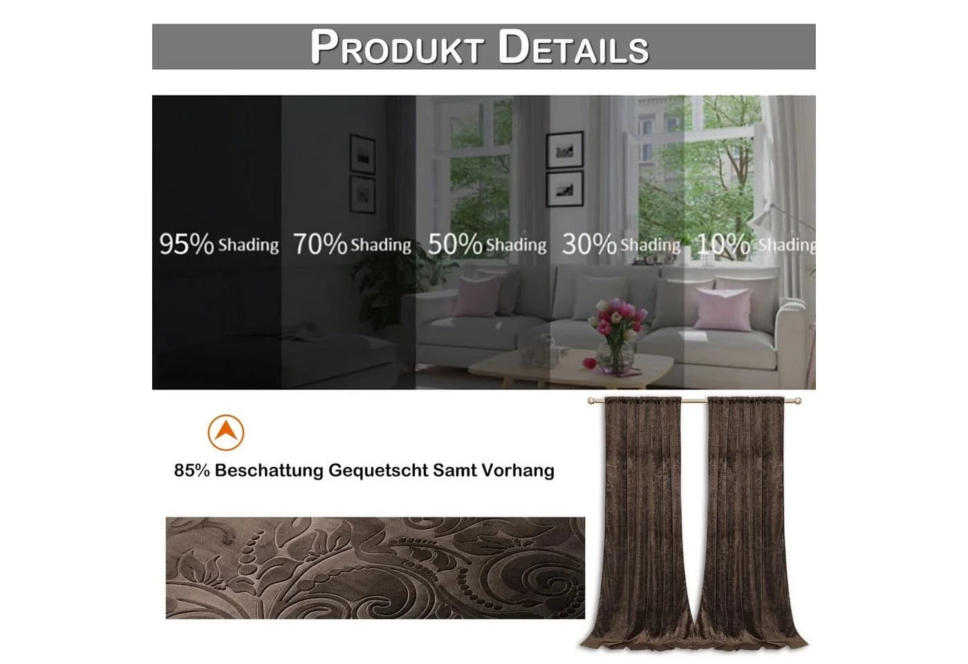 BTTO Samtvorhang Toffee Braun Blickdicht mit Blumenmuster - Bild 3