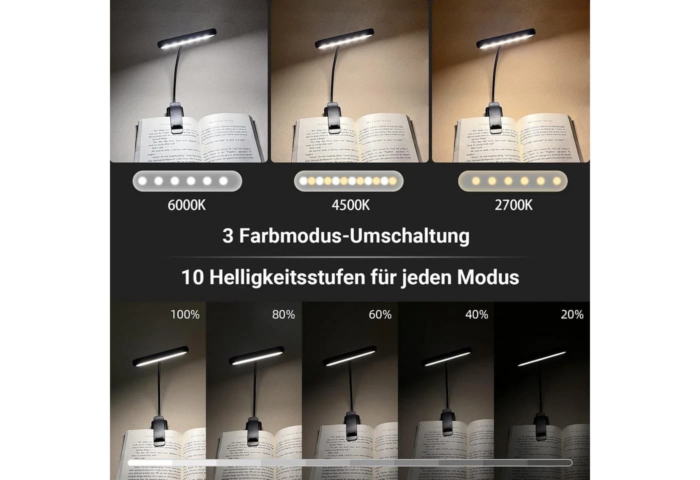 MUPOO LED Leselampe Klemmlampe USB-Aufladbar 3 Farben 10 Helligkeitsstufen