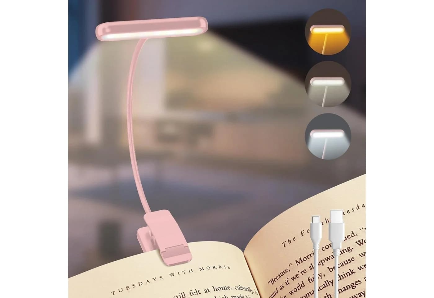MUPOO LED Leselampe Klemmlampe Rosa USB Aufladbar 3 Farben 10 Helligkeitsstufen - Bild 2