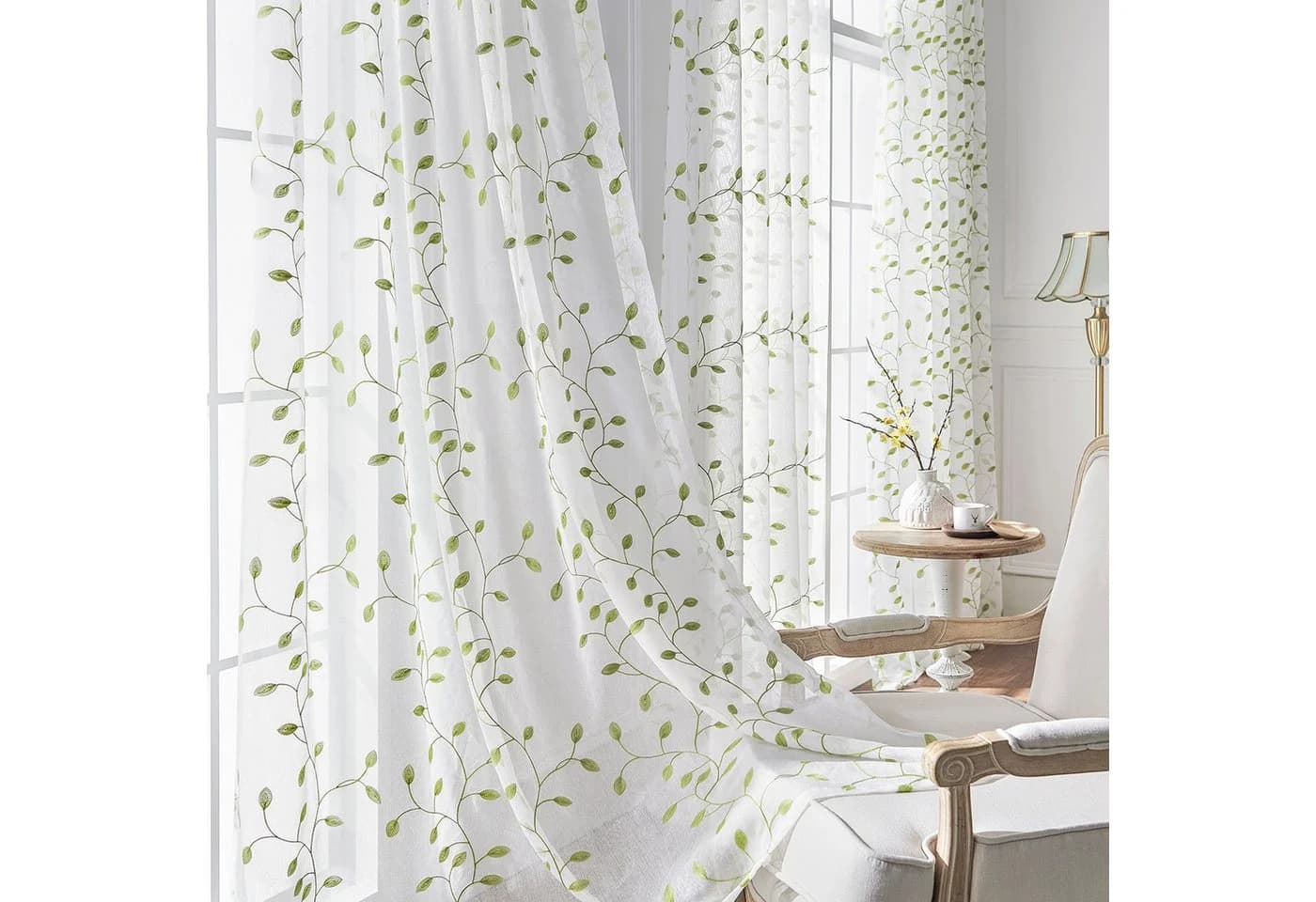 BTTO V&G Voile Gardine 2er Set Grün Blattstickerei Transparent - Bild 2