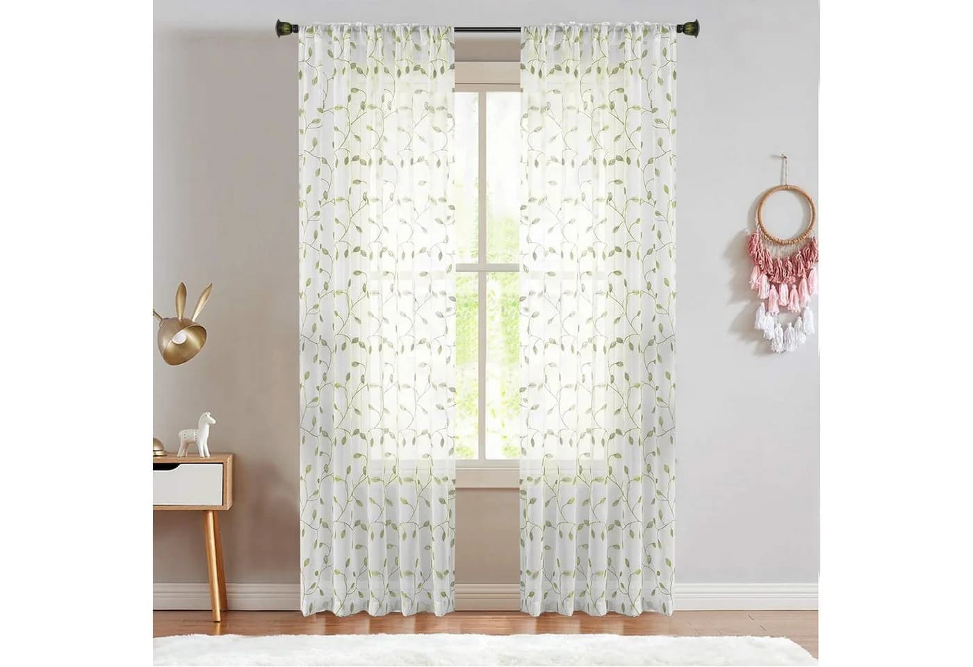 BTTO V&G Voile Gardine 2er Set Grün Blattstickerei Transparent - Bild 4