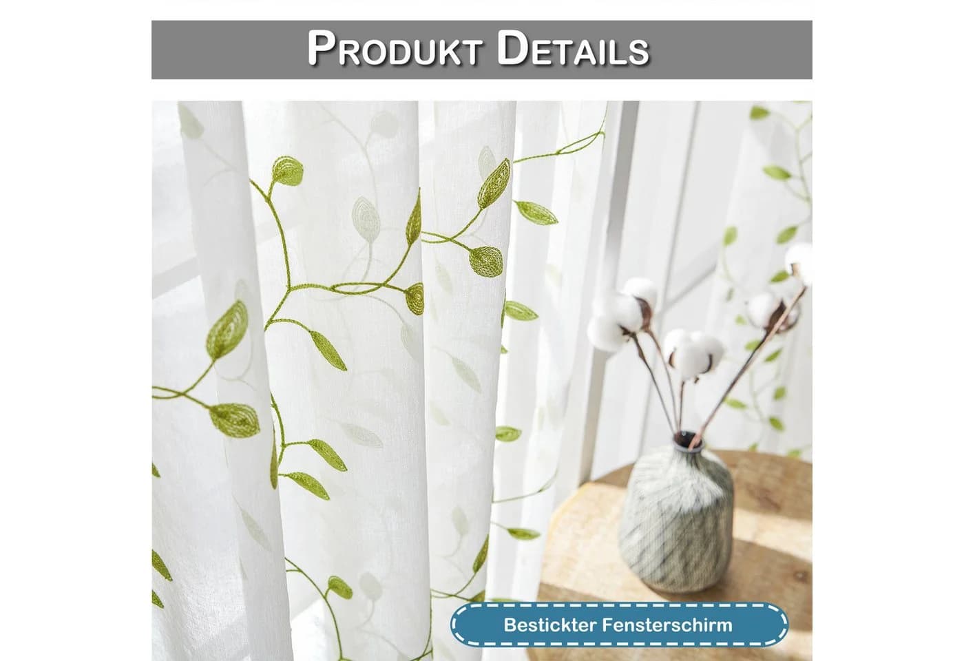 BTTO V&G Voile Gardine 2er Set Grün Blattstickerei Transparent - Bild 5