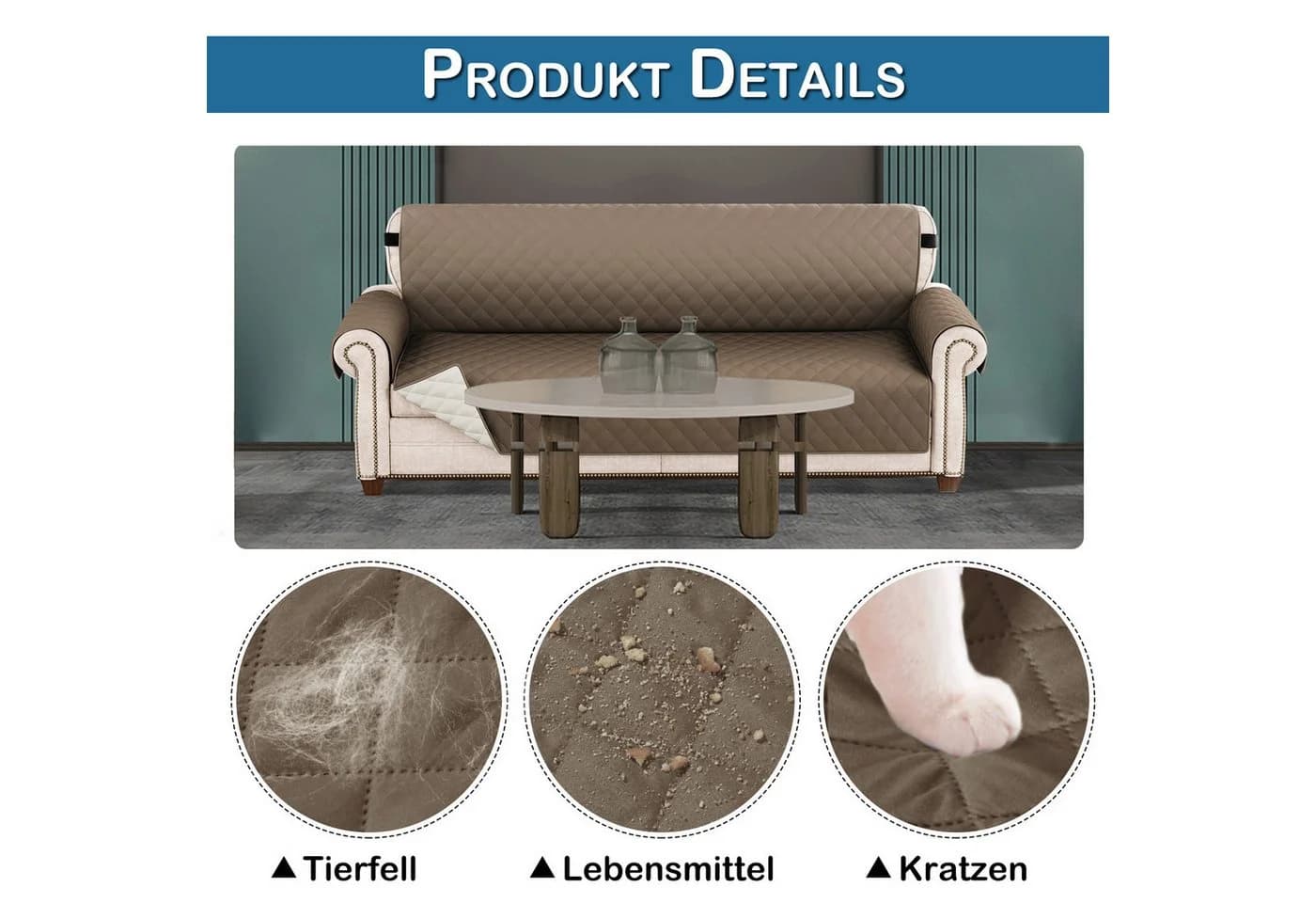 Jibenhome Gesteppter Sofahusse Wasserdicht Rutschfest Beige - Bild 4