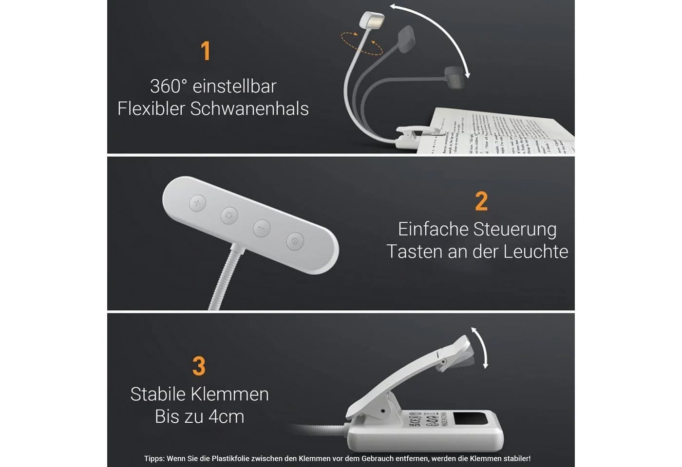 Jibenhome Klemmleuchte Leselampe USB Wiederaufladbar Weiß