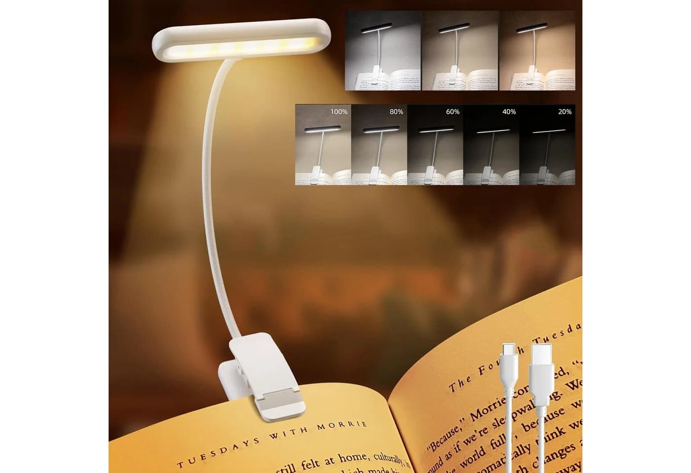 Jibenhome Klemmleuchte Leselampe USB Wiederaufladbar Weiß - Bild 2