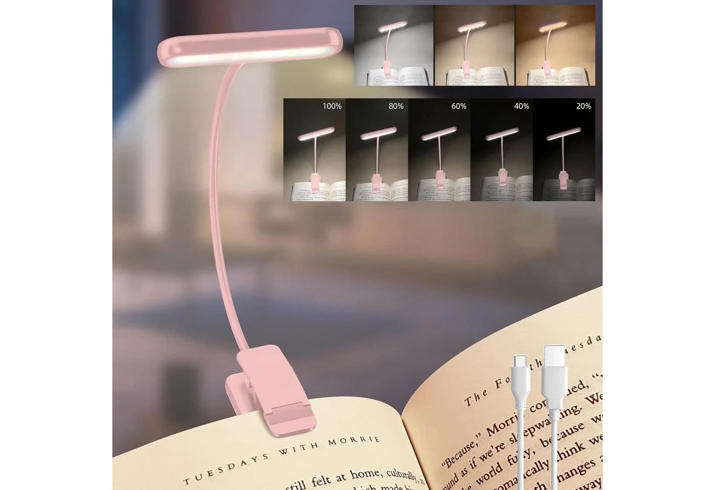 Jibenhome Klemmleuchte Leselampe Rosa USB Wiederaufladbar - Bild 2